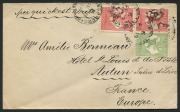 Kangaroos - First Watermark: 19 Feb.1914 usage of &frac12;d Green (perf. fault) + 1d Red (vertical pair) on cover from BUNDABERG to FRANCE; endorsed 'per quickest route' and with transit and arrival backstamps&nbsp;(27 Mar.).