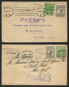 Kangaroos - Third Watermark: 6 & 23 Nov. 1915 usages of 2d Grey (both in combination with a ½d Green KGV) on censored covers from Melbourne to New York. (2 covers). The first printing of the 2d Grey, 3rd wmk was in October 1915, with the first usages in November.
