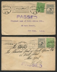 Kangaroos - Third Watermark: 6 & 23 Nov. 1915 usages of 2d Grey (both in combination with a ½d Green KGV) on censored covers from Melbourne to New York. (2 covers). The first printing of the 2d Grey, 3rd wmk was in October 1915, with the first usages in N