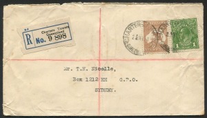 Kangaroos - Small Multiple Watermark: May 1931 usage of 6d Chestnut, in combination with 1d Green KGV on a registered cover from CHARTERS TOWERS to Sydney; with arrival b/stamp.