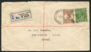 Kangaroos - Small Multiple Watermark: May 1931 usage of 6d Chestnut, in combination with 1d Green KGV on a registered cover from CHARTERS TOWERS to Sydney; with arrival b/stamp.