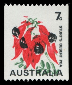 AUSTRALIA: Decimal Issues: 1970-75 (SG.468b-bb) 7c Sturt's Desert Pea Coil stamp, single with BUFF OMITTED (and green misplaced), fresh MUH example with normal for comparison, (2). BW:535ce. Cat.£225.