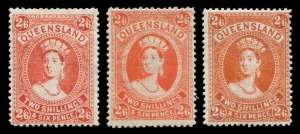 QUEENSLAND: 1907-11 (SG.309, 309a & 309b) QV 2/6, Crown over A wmk, the vermilion, dull orange and reddish orange printings, Fine Mint. (3). Cat.£320.
