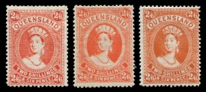 QUEENSLAND: 1907-11 (SG.309, 309a & 309b) QV 2/6, Crown over A wmk, the vermilion, dull orange and reddish orange printings, Fine Mint. (3). Cat.£320.