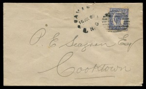 PAPUA: QUEENSLAND USED IN PAPUA: 1900 (July 16) cover to Cooktown bearing 2d blue tied by 9-bar B.N.G. obliterator of Samarai, with SAMARAI B.N.G. cds alongside; COOKTOWN arrival cds of July 20 on reverse. (Also, some apparently unrelated calculations in 