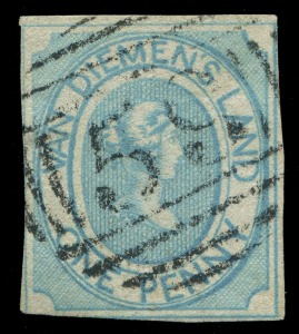 TASMANIA: 1853-54 (SG.3) 1d pale blue on thin hard white paper, outer framelines slightly cut-into/shaved in places, neatly struck BN '59' cancel of Launceston; Cat. £1300.