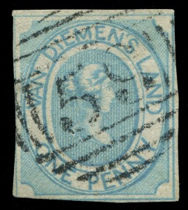 TASMANIA: 1853-54 (SG.3) 1d pale blue on thin hard white paper, outer framelines slightly cut-into/shaved in places, neatly struck BN '59' cancel of Launceston; Cat. £1300.
