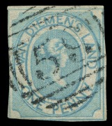 TASMANIA: 1853-54 (SG.3) 1d pale blue on thin hard white paper, outer framelines slightly cut-into/shaved&nbsp;in places, neatly struck BN '59' cancel of Launceston; Cat. &pound;1300.