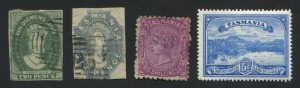 TASMANIA: 1857-1900 small group with used imperf 1857-67 Chalons Numeral Wmk 2d slate-green & 6d grey-violet, 1871-78 5/- Sideface with light fiscal cancel; also 1899-1900 5d Pictorial fresh MUH.