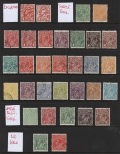 KGV Heads - Collections & Accumulations: 1913-36 largely complete on simplified basis mostly VFU (or CTO) with 1d Engraved (2, shades); Single Wmk (23) to 1/4d incl.1d red Die III & 4d lemon; LMult (5) incl. 1d carmine; No Wmk (2); SMult P.14 (8) to 1/4d incl. 2d brown & 4d olive; SMult P.13½x12½ (19) to 1/4d incl. 1d green Die II, 4½d Violet Dies I & II (CTO) plus optd 'OS' 2d & 4d; CofA (13) to 1/4d, plus optd 'OS' to 5d; condition generally fine/very fine. (72)