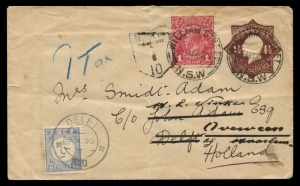 AUSTRALIA: Envelopes: Aug.1920 "double-taxed" usage of 1½d brown KGV Star Embossed Envelope, uprated 1d Red KGV tied by 'NSW/T/10' tax stamp; sent to Holland; DELFT arrival b/stamp and 5c Postage Due tied by the same cds for re-direction to Overeem.