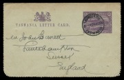 ILLUSTRATED LETTER CARD: 1904 (Groom/Shatten: LC4B.5) 2d violet on greyish-green card, "Launceston" scene in black, FU from LAUNCESTON (Aug.1906) to Sussex, England with arrival cds verso. - 2