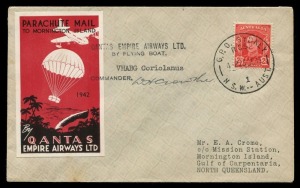 AUSTRALIA: Aerophilately & Flight Covers: December 1942 (AAMC.935 & 936) Sydney - Mornington Island and Brisbane - Mornington Island QANTAS flown Christmas mail covers with special vignettes; delivered by parachute. The Sydney cover signed by the pilot, W