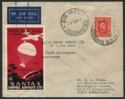 AUSTRALIA: Aerophilately & Flight Covers: December 1942 (AAMC.935 & 936) Sydney - Mornington Island and Brisbane - Mornington Island QANTAS flown Christmas mail covers with special vignettes; delivered by parachute. The Sydney cover signed by the pilot, W - 2