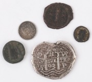 Coins - World: Small group with BOLIVIA 1665-1700 Spanish Colonial Charles II silver 8 Real (damaged), showing Crowned Cross of Jerusalem on obverse and Crowned Pillars & Waves to reverse, weight 20gr; also ECUADOR 1899 Lima Mint silver ½ Decimo (1.2gr); - 2