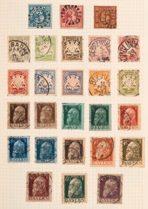 GERMANY & STATES: mostly used collection in album with BAVARIA 1849-62 imperf 3k (2) in blue or in rose and 6k brown, 1911-19 Luitpold to 1m & 2m Type II, 1914-20 People’s State overprints to 80pf & 5m used; GERMANY 1875-79 ‘PFENNIGE’ issues to 50pf (2), 1880-87 ‘PFENNIG’ to 50pf (2), 1920 Overprints to 10m used plus 20m mint, 1925 5m Cathedral, 1934 Airs and Colonisers sets, 1937 Culture Fund imperf M/S (mint, soiling), 1938 Winter Relief Fund set,
