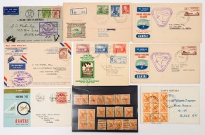 AUSTRALIA: Postal History: ASSORTMENT with FLIGHT COVERS 1931 Australia-Batavia (AAMC.204) 1934 Australia-NZ (AAMC.369), 1955 Cocos-Keeling Is to South Africa (AAMC.1354c, x2), 1960 Qantas Around-the-World (AAMC.1443); FDCs 1937 NSW Anniversary registered, 1947 Newcastle with Philatelic Exhibition registration label; also PPC showing Kangaroo used 1955 Canberra to Algiers with ½d Roo block of 9 and single ½d on view side,