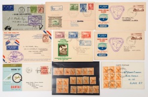 AUSTRALIA: Postal History: ASSORTMENT with FLIGHT COVERS 1931 Australia-Batavia (AAMC.204) 1934 Australia-NZ (AAMC.369), 1955 Cocos-Keeling Is to South Africa (AAMC.1354c, x2), 1960 Qantas Around-the-World (AAMC.1443); FDCs 1937 NSW Anniversary registered