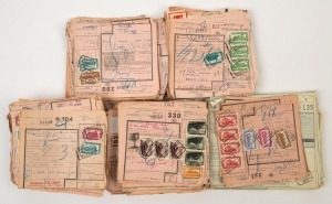 BELGIUM: RAILWAY STAMPS: large quantity of 1950s-60s Railway Parcels Forms franked with railway stamps noting values to 50fr & 100fr (noted one form with 100fr strip of 4), many other forms with attractive multiple frankings. Large quantity of material to review and research. (approx 500 forms)
