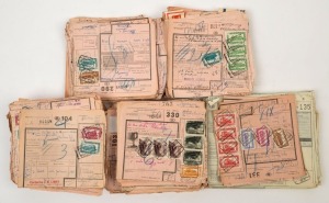 BELGIUM: RAILWAY STAMPS: large quantity of 1950s-60s Railway Parcels Forms franked with railway stamps noting values to 50fr & 100fr (noted one form with 100fr strip of 4), many other forms with attractive multiple frankings. Large quantity of material to