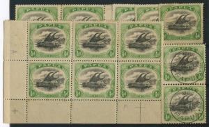 PAPUA: 1909 (SG.55) ½d black & yellow-green, perf.12½ group including a LL cnr.blk.6, one unit with "Lightning strike" and another with "White leaves", 2 pairs (one FU) and 3 singles, with several minor varieties. Mixed condition. (13 stamps).