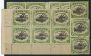 PAPUA: 1909 (SG.55) &frac12;d black & yellow-green, perf.12&frac12; group including a LL cnr.blk.6, one unit with "Lightning strike" and another with "White leaves", 2 pairs (one FU) and 3 singles, with several minor varieties. Mixed condition. (13 stamps).