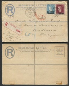St. Vincent: Postal History: REGISTERED ENVELOPE: Sept.1893 usage of 2d Registered Letter (H&G.C1) uprated with 2½d on 1d milky blue and 5d on 6d for delivery to Antwerp, BELGIUM, with arrival b/stamp. Also, an unused example of the envelope. (2 items).