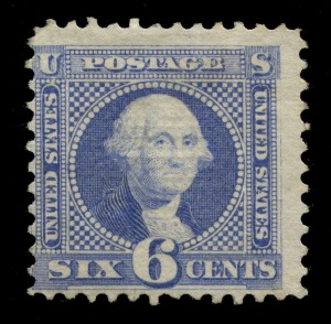 UNITED STATES OF AMERICA: 1869 (Scott 115) 6c ultramarine George Washington, full perfs but without gum; Scott Cat. (for No Gum) US$950.