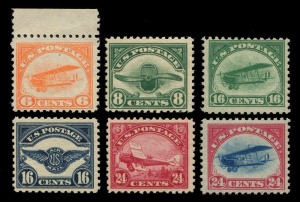 UNITED STATES OF AMERICA: AIRMAILS: 1918-23 (Scott C1-6) 6c - 24c Curtiss Jenny set, together with 8c - 24c 2nd Series, complete MUH. (6).