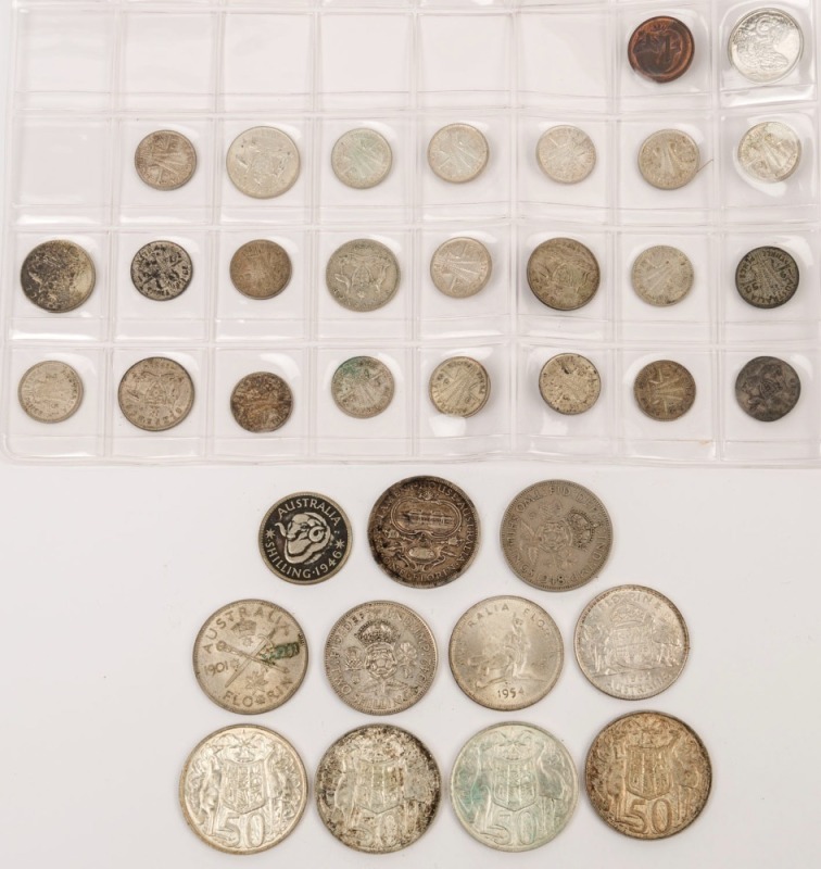 Coins - Australia: Mostly Australian circulated silver with pre-decimal 1927 Canberra (poor), 1951, 1953 & 1954 florins, 1946 1/-, small quantity sixpences or threepences on coin album page, also decimal 50c Rounds (4), few British coins; mixed condition.