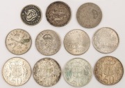 Coins - Australia: Mostly Australian circulated silver with pre-decimal 1927 Canberra (poor), 1951, 1953 & 1954 florins, 1946 1/-, small quantity sixpences or threepences on coin album page, also decimal 50c Rounds (4), few British coins; mixed condition. - 2