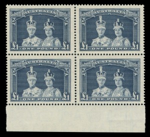 AUSTRALIA: Other Pre-Decimals: 1938 (SG.178) £1 Coronation Robes (Thick paper), marginal blk.(4); superbly centred MUH.