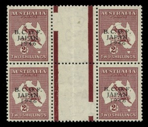 AUSTRALIA: Other Pre-Decimals: 1947 (SG.J6) 2/- Kangaroo, interpanneau blk.(4) all units MUH (hinged in gutter) together with an MLH single with somewhat misplaced overprint. (Total: 5 stamps).