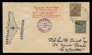 INDIA - Aerophilately & Flight Covers: BERTRAM - ATLANTIS EXPEDITION: April 1932 cover flown internally in India, with ICHAPUR 14 April 1932 cachet in violet tieing "Round the World Flight by German Seaplane" vignette, with KGV 1a and 3ps adhesives tied by RANGOON GPO cds of 22 April 1932. With another ATLANTIS cachet verso together with CALCUTTA receival cds. Signed verso by Stephen Smith.