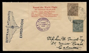 INDIA - Aerophilately & Flight Covers: BERTRAM - ATLANTIS EXPEDITION: April 1932 cover flown internally in India, with ICHAPUR 14 April 1932 cachet in violet tieing "Round the World Flight by German Seaplane" vignette, with KGV 1a and 3ps adhesives tied b