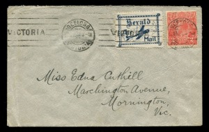 AUSTRALIA: Aerophilately & Flight Covers: 17 April 1922 (AAMC.64 & 64a) Geelong - Melbourne, Herald & Weekly Times flown cover with "Herald / Air Mail" vignette in deep blue tied by GEELONG machine cancel which also ties a 2d KGV. Addressed to Mornington, with MORNINGTON arrival cds on the reverse, and displayed on an exhibit page with an unused "Herald" vignette. (2 items). Provenance: Captain J.H. Love Collection.