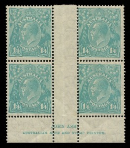 KGV Heads - CofA Watermark: 1/4d Greenish-Blue, Ash Imprint block (4), very lightly hinged on central gutter only, stamps MUH; BW:131z, unpriced MUH.