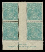 KGV Heads - CofA Watermark: 1/4d Greenish-Blue, Ash Imprint block (4), very lightly hinged on central gutter only, stamps MUH; BW:131z, unpriced MUH.&nbsp;&nbsp;&nbsp;&nbsp;