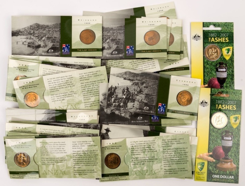 Coins - Australia: One Dollar: 1999 "The Last Anzacs" $1 with 'S' (Sydney) mint mark, in original packaging, as issued, 36 examples; also 1882-2007 "The Ashes" uncirculated $1, in original packaging (2); Retail $230+