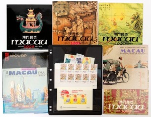 MACAU: 1986-1992 Stamp Packs, each pack containing themed selected sets. Better sets noted include 1984 Fishing Boats, Cargo Boats & Passenger Ferries, 1985 Museum se-tenant strip, 1987 Vehicles, 1988 Transport, 1987 Ceramics se-tenant strip, 1989 Paintings, 1989 Traditional Games, 1990 Betting on Animals & Compass Roses, and 1991 Chinese Opera; also few loose stamps with 1994 Shops in corner blocks of 10, 1994 Legend & Myths M/Ss (5), fine MUH, Cat. £750+ (7 packs & small qty loose stamps)