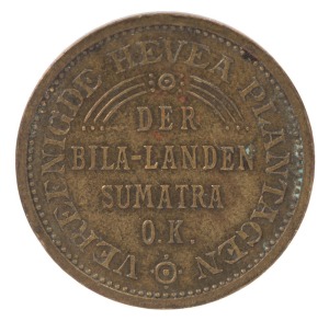 Coins - World: Indonesia: DUTCH EAST INDIES - PLANTATION TOKEN: c.1906-09 copper plantation token, inscribed 'VEREENIGDE HEVEA PLANTAGEN/DER/BILA-LANDEN/SUMATRA/O.K.'; VF.