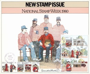 AUSTRALIA: Decimal Issues: AUSTRALIA POST: DESIGNER SIGNED POINT-OF-SALE POSTERS - BRUCE WEATHERHEAD: 1980-81 New Issue posters (25.5x31cm) most with the stamp pack or FDC attached, signed by Weatherhead on the poster or on the attached product, comprising 1979 Selected Issues stamp pack; 1980 QEII's Birthday (poster only), Stamp Week (6 different items, five with product attached), Christmas (4, three with product attached) and Selected Issues Stamp Pack;