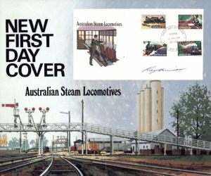 AUSTRALIA: Decimal Issues: AUSTRALIA POST: DESIGNER SIGNED POINT-OF-SALE POSTERS: New Issue posters (25.5x31cm) some with the relevant stamp pack or FDC attached, signed by the stamp issue designer either on the poster or on the attached product, comprising RAY HONISETT (6) including on evocative 1979 Steam Locomotives posters (2, artwork by Honisett); MAX ROBINSON (3) all for 1979 National Parks issue; CELIA ROSSER (3) all for 1981 Fungi issue; MARG TOWT for 1980 Dogs (3),