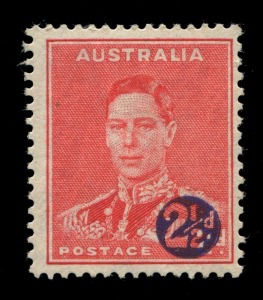 AUSTRALIA: Other Pre-Decimals: 1941 (SG.200b) KGVI Surcharged 2½d on 2d scarlet variety "Medallion Flaw", faint gum bend, fine mint overall; BW:222d - Cat. $375.