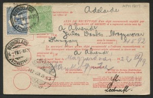 Kangaroos - Third Watermark: 2½d Blue (plus KGV ½d Green) tied to Avis de Reception card by 'REGD ADELAIDE' datestamp, addressed to Hungary, fine MAGYAROVAR 'A' and ' MAGYAROVAR 'B' arrival and departure datestamps; few minor blemishes. Unusual destination.