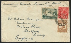 Kangaroos - CofA Watermark: 6d Chestnut (+KGV 2d & 3d Airmail) tied to airmail cover to England by CHELTENHAM '11FE32' datestamp, endorsed "Australian & Karachi-London Airmail". Very scarce as part of a on-cover multiple franking, BW:23 - Cat. $750.