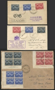 AUSTRALIA: Other Pre-Decimals: 1945 (SG.209-11) Gloucester sets on FDCs comprising 1] S&M Miller printed cover, self-addressed with Miller rubber handstamp, stamp tied by CARLTON NORTH datestamps; 2] imprint blocks of 4 cancelled/tied to plain FDC by FAIR