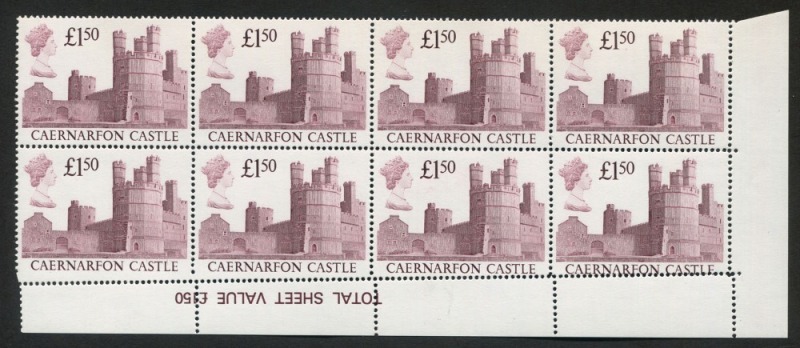 GREAT BRITAIN: 1988 (SG.1411var) £1.50 Caernarfon Castle greyish-rose shade, lower-right corner marginal block of 8 (4x2), with oblique strike of perforation comb at base resulting "Progressive narrowing of stamp size from left to right on the lower row,