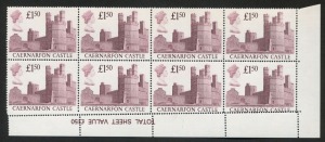 GREAT BRITAIN: 1988 (SG.1411var) £1.50 Caernarfon Castle greyish-rose shade, lower-right corner marginal block of 8 (4x2), with oblique strike of perforation comb at base resulting "Progressive narrowing of stamp size from left to right on the lower row, with perforations cutting into the design of lower-right unit"; fine MUH.