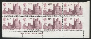 GREAT BRITAIN: 1988 (SG.1411var) £1.50 Caernarfon Castle greyish-rose shade, lower-right corner marginal block of 8 (4x2), with oblique strike of perforation comb at base resulting "Progressive narrowing of stamp size from left to right on the lower row, 